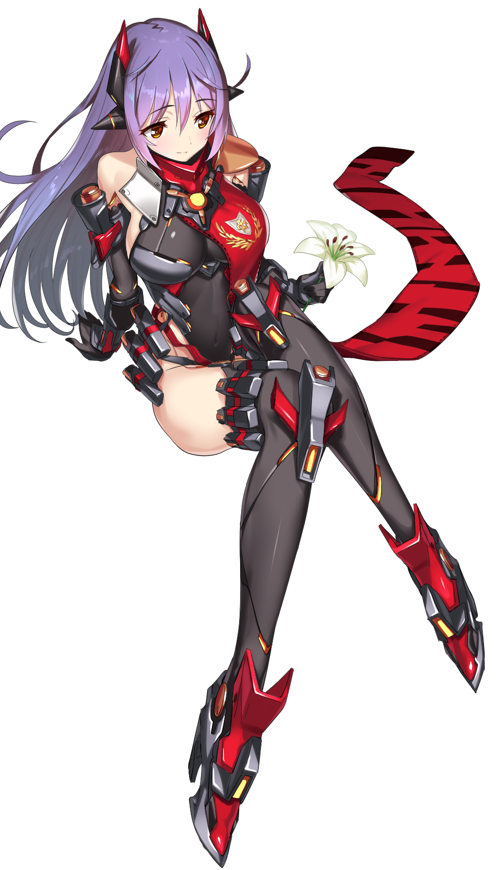 1girl 1girl seductora armadura culo hombros descubiertos pechos grandes cabello azul rubor botas flor cuerpo completo green322 adorno para el cabello tocado alta resolución lily_(flor) cabello largo mecha_musume ombligo nintendo ojos naranjas poppi_(xenoblade) poppi_qtpi_(xenoblade) bufanda sentada medias muslos cabello muy largo xenoblade_(serie) xenoblade_chronicles_2