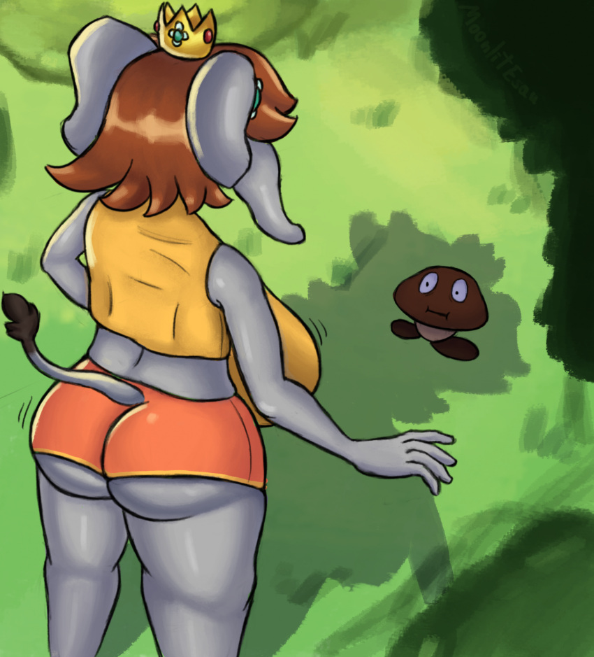 1chica 1chicas 1otro 2023 anthro anthrified ass breasts ropa crown massive_anthro elephant elephant_daisy tail elephant_trunk elephant_trunk female_focus giganta goomba grass_field height_difference huge_ass huge_breasts mario_(serie) moonlitesau nintendo outside princess_daisy standing super_mario_bros._wonder suprised_look high_female