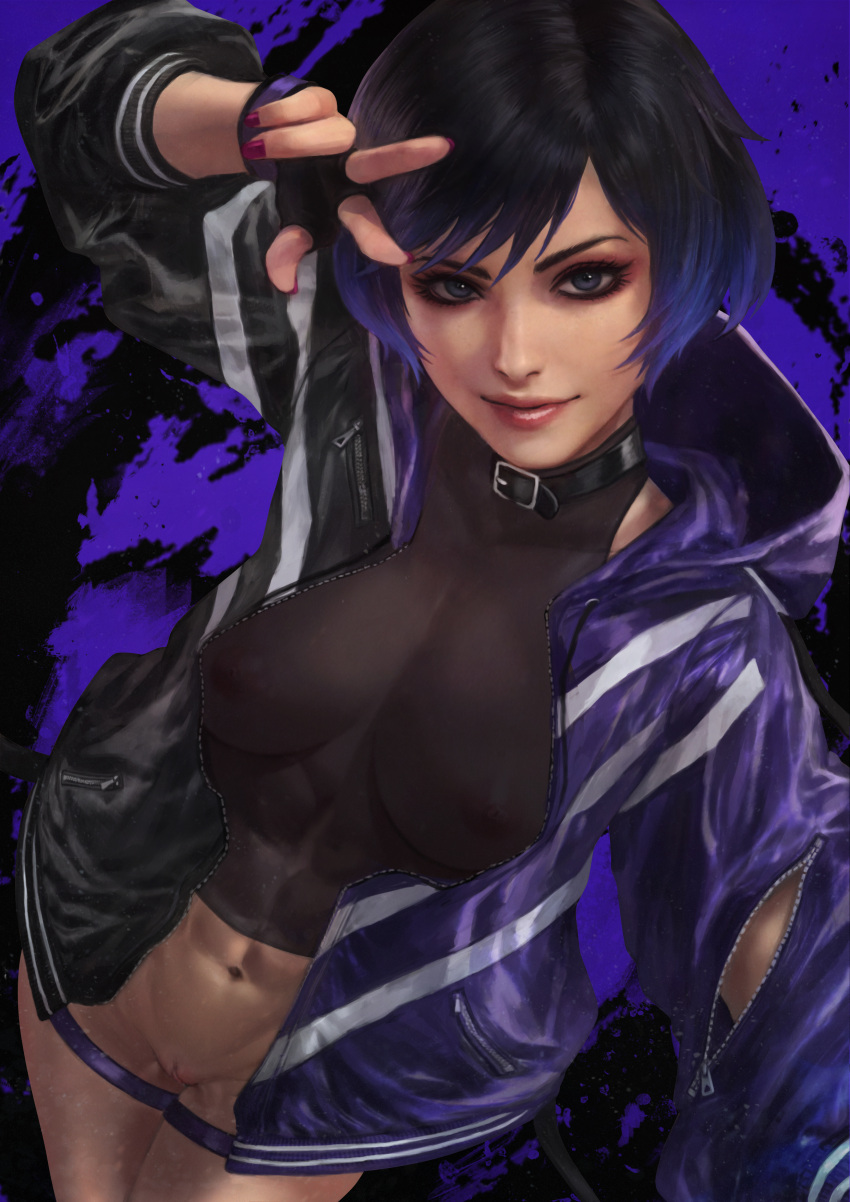 1chica abdominales areolas atractivas mujer atlética pechos grandes cabello negro y morado pezones erectos abdominales femeninos solo mujeres mujer en forma monorirogue desnuda de cintura para abajo namco bulto en el pezón símbolo de la paz coño reina (tekken) transparente ropa transparente autofoto dentadura sonrisa tekken tekken_8 muslos gruesos v