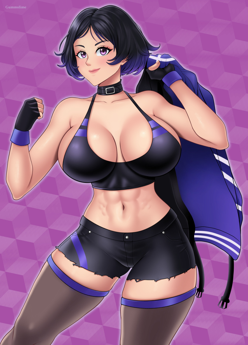 1 chica 1 chica 1 chica abdominales mujer atlética pechos grandes cabello morado y negro escote abdominales femeninos solo mujeres mujer en forma gummslime ojos lavanda namco pin_up reina (tekken) teta lateral tekken tekken_8 muslos gruesos ropa rota