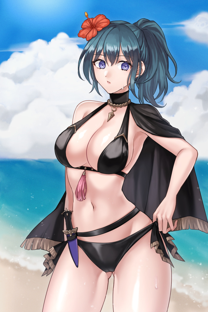 1 chica 1 chica 1 chica atractiva pechos grandes ojos azules byleth_(fire_emblem) byleth_(fire_emblem)_(femenino) byleth_(verano)_(fire_emblem)_(femenino) solo mujeres fire_emblem fire_emblem:_three_houses fire_emblem_heroes h_nyoro nintendo traje de baño cabello verde azulado
