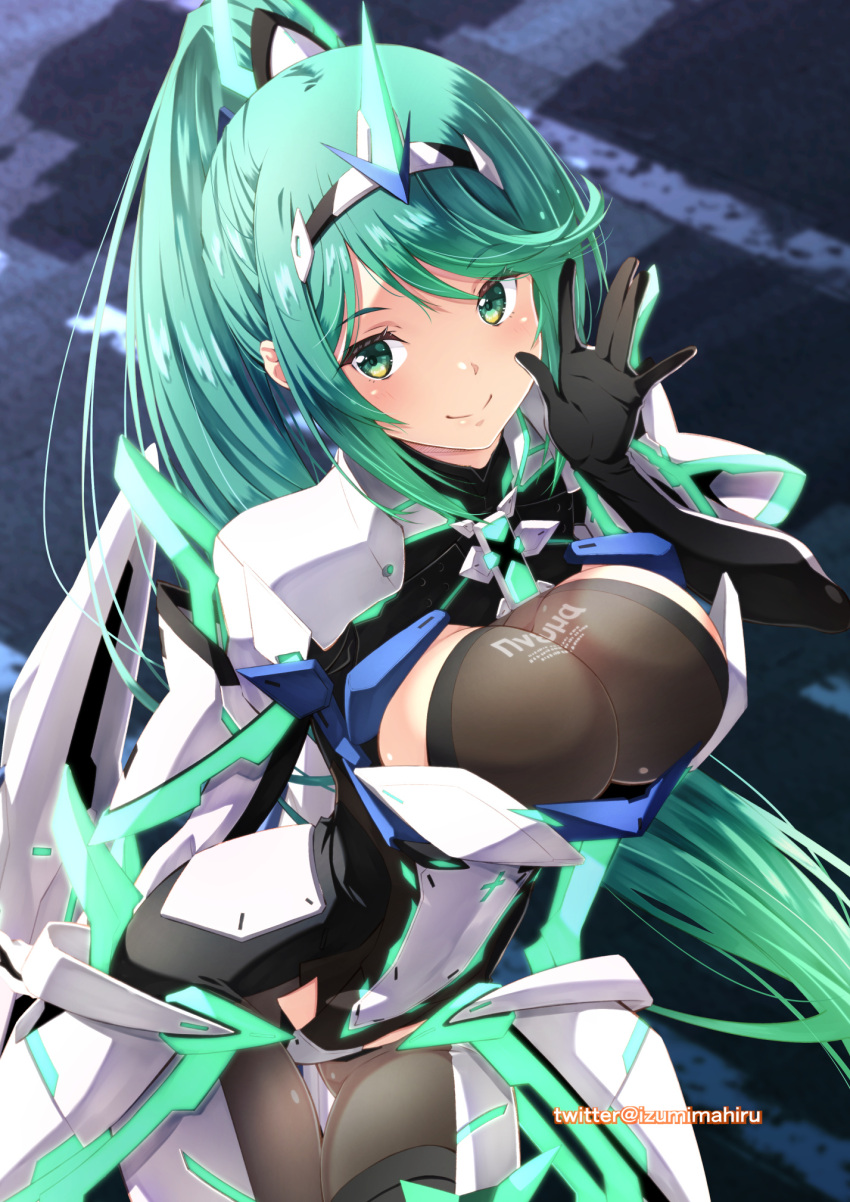 1 chica 1 chica seductora pechos grandes rubor traje de cuerpo solicitud de comentario guantes ojos verdes cabello verde alta resolución izumi mahiru cabello largo pneuma (xenoblade) sonrisa flequillo largo tiara cabello muy largo xenoblade (serie) xenoblade_chronicles_2