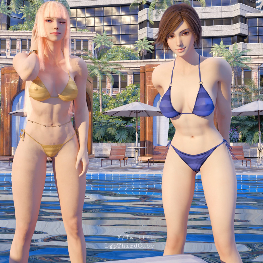 2 chicas atractivas mujer atlética pechos grandes bikini cabello rubio azul ojos marrones cabello castaño escote emilie de rochefort ojos abdominales femeninos mujer en forma kazama asuka lgpthirdcube mirando al espectador pechos medianos namco piscina traje de baño tekken tekken_8 twitter guiñando un ojo al espectador