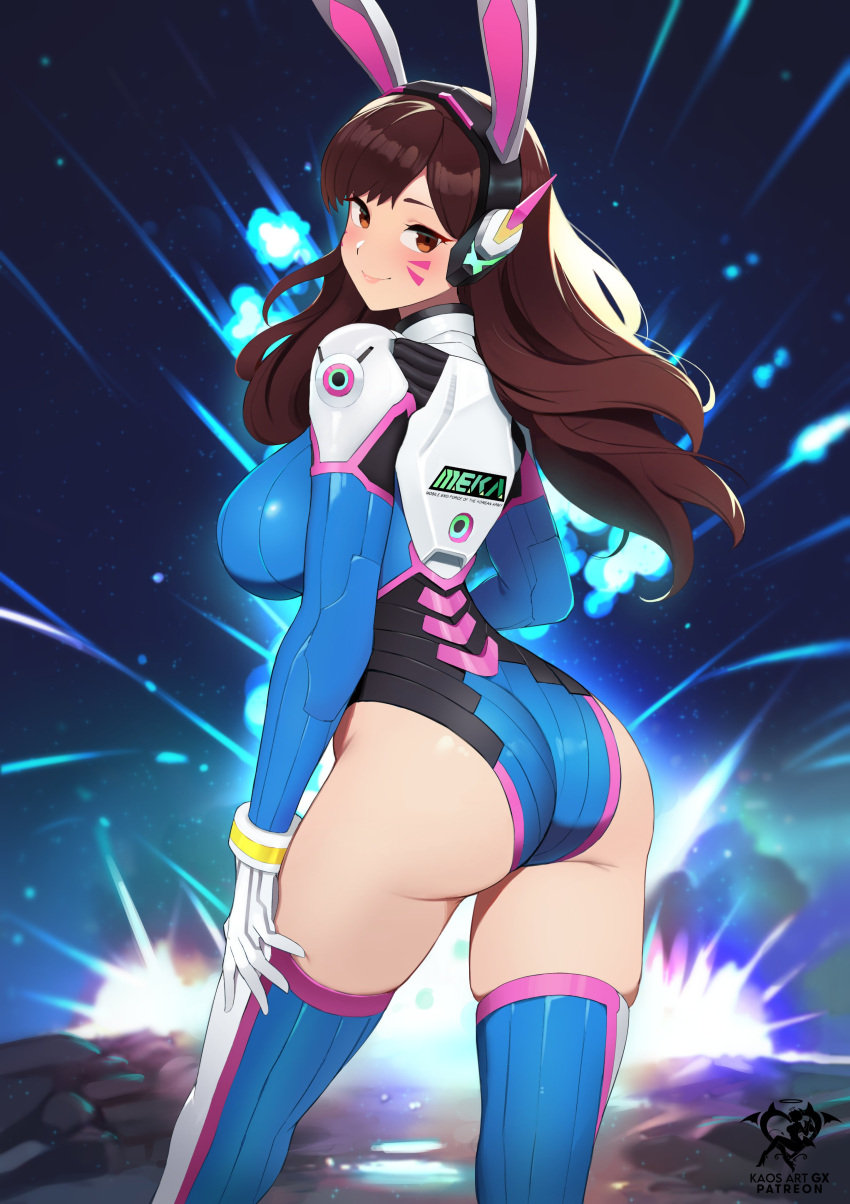 1girl 1girl absurd_res disfraz adaptado seductor orejas de animal logotipo del artista nombre del artista culo pechos ojos marrones cabello castaño boca cerrada comentario d.va d.va_(overwatch) explosión marca facial orejas de animal falsas desde atrás guantes alta resolución arte kaos leotardo labios logo cabello largo mangas largas mirando al espectador mirando hacia atrás pechos medianos noche cielo nocturno afuera overwatch nombre de usuario de patreon piel brillante piel ceñida cielo sonrisa medias muslos guantes blancos