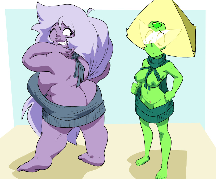 2 chicas amatista (steven_universe) culo escote trasero bbw pechos grieta en el trasero curvilínea cabello verde inkershike varias chicas peridoto (steven_universe) piel morada suéter asesino virgen al revés shortstack de pie steven_universe suéter asesino virgen mal funcionamiento del guardarropa