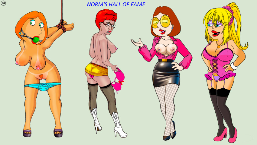 american_dad ball_gag bondage botas pechos cameltoe corsé crossover pezones erectos family_guy francine_smith gafas king_of_the_hill falda de cuero lois_griffin meg_griffin normal9648 bragas_abajo peggy_hill medias muslos