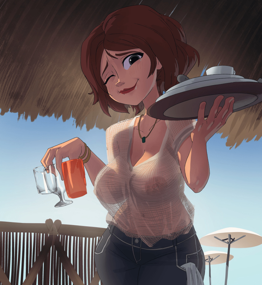1girl adulto adult_female solo para adultos areola tia_cass pechos grandes big_hero_6 rubor pechos cabello_marron cass_hamada escote ropa vestida disney ojos_verdes holding_glass holding_plate inker_comics jeans joyas mujer de piel clara piel_clara mirando_al_espectador ombligo collar pezones un_ojo_cerrado pantalones transparente ropa_transparente ropa_transparente camisa_transparente camisa pelo corto de pie transparente _ropa_transparente_camisa caderas anchas guiño