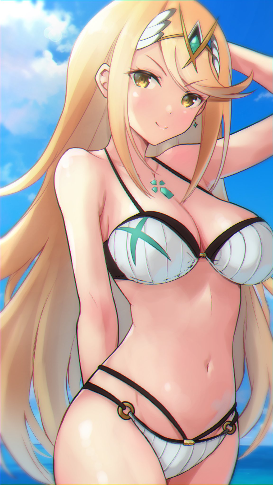 1 chica 1 chica 1 chica pechos grandes bikini cabello rubio escote solo mujeres kwrssbsp mythra nintendo traje de baño xenoblade_(serie) xenoblade_chronicles_2