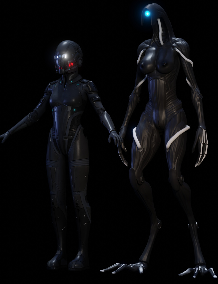 3d_(obra de arte) modelo 3d renderizado 3d extraterrestre pechos grandes pechos camuflaje armadura de combate extraterrestre hembras geth geth_hopper implantes humanos efecto de masa pezones picklejuice_(artista) coño sintético