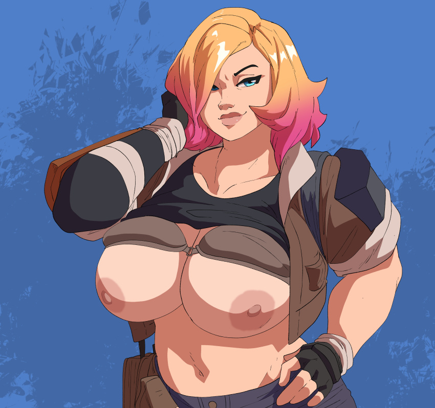1 chica pechos grandes cabello rubio ojos azules coolerinker curvilínea juegos épicos solo mujeres fortnite fortnite:_salva_el_mundo cabello_sobre_un_ojo mano_en_la_cabeza mano_en_la_cadera alta_resolución inker_comics inkershike piel_clara cabello_multicolor pezones penny_(fortnite) cabello_rosa pezones_rosados ​​fondo_simple sonrisa ropa_superior