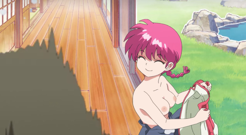 pechos grandes cola de caballo trenzada ojos_cerrados editar nekom14 pezones no_bra cabello_rosa rankingo ranma-chan ranma_1/2 ranma_saotome captura de pantalla sonrisa en topless