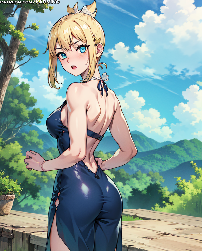 0 ytail short_hair hombros_hombros side_slit sideboob sidelocks single_hair_bun cielo sin mangas vestido_sin mangas de pie muslos de sudor atado árbol de pelo