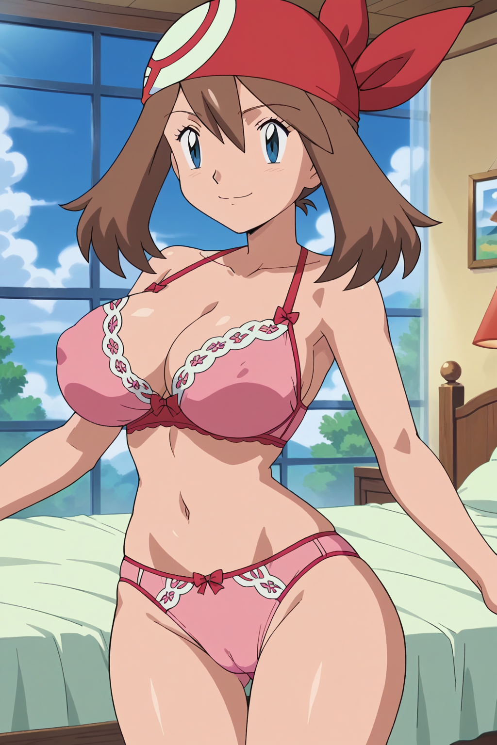 1girl estilo_arte_preciso seductor androidparanoico bandana piernas_desnudas gorro cama dormitorio pechos grandes ojos_azules sujetador cabello_marrón escote may may_(pokemon) nintendo bragas pin_up pokemon pokemon_(anime) ropa interior