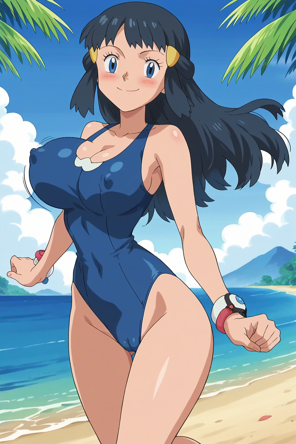 1girl estilo_arte_preciso seductor androidparanoico piernas_desnudas playa pechos_grandes bikini ojos_azules pelo_azul cielo_azul pechos_rebotantes amanecer amanecer_(pokemon) feliz arrodillarse nintendo océano bikini_de una sola pieza afuera pin_up pokemon pokemon_(anime) corriendo