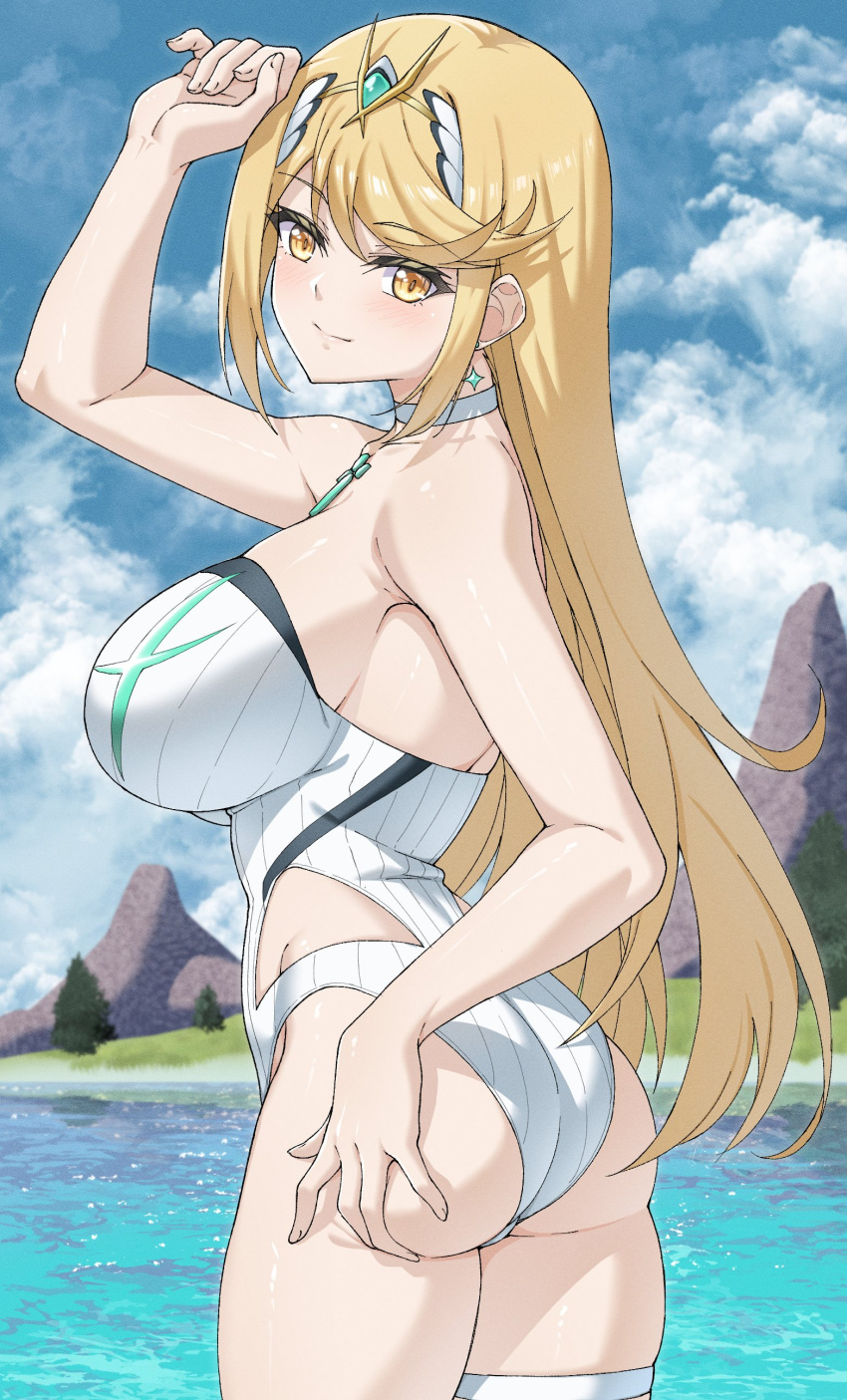 1 chica seductor culo pechos grandes bikini cabello_rubio core_crystal solo_mujer mirando_espalda_al_visor mytra mz mzrz nintendo one-piece_bikini pin_up sideboob xenoblade_(serie) xenoblade_chronicles_2 ojos_amarillos