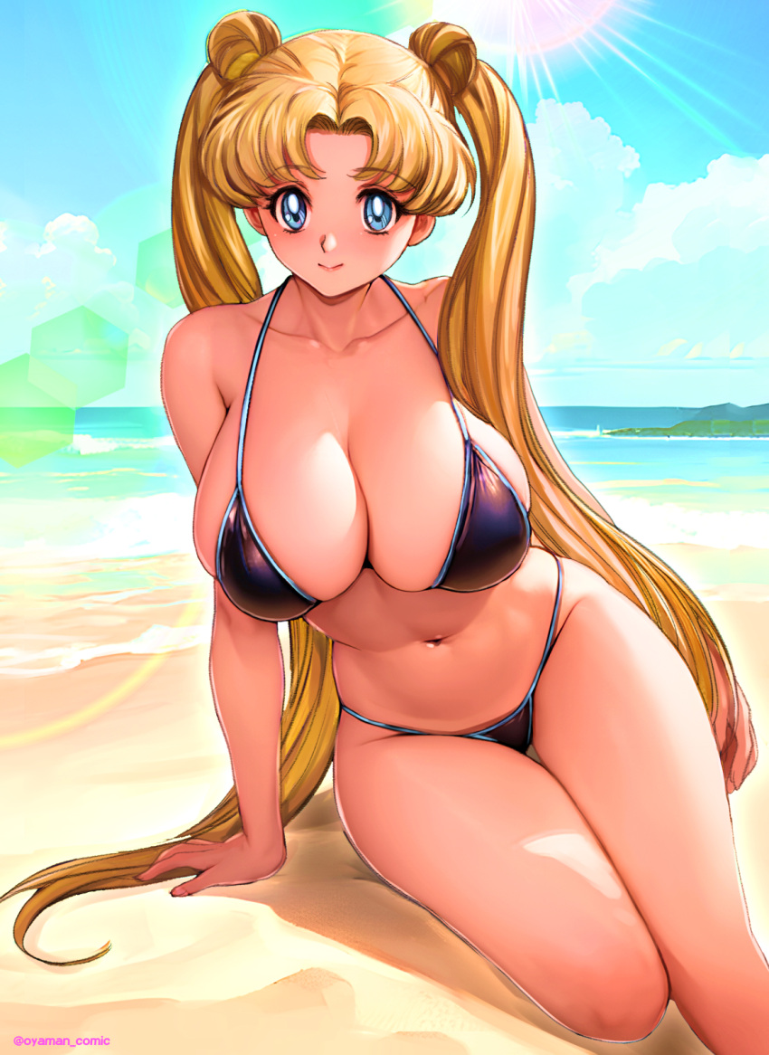 1girl 1girl seductor brazo_apoyo nombre_del_artista brazos_desnudos hombros_desnudos playa pechos_grandes bikini bishoujo_senshi_sailor_moon bikini_negro cabello_rubio ojos_azules cielo_azul escote boca_cerrada nube cielo_nublado clavícula comentario_solicitud día doble_moño moño_de_alta_resolución pierna alta pierna_alta labios cabello_largo mirando_al_visor ombligo océano afuera oyamán arena fondo_simple sentado cielo estómago luz del sol traje de baño muslos tsukino_usagi twin_tails usagi_tsukino agua