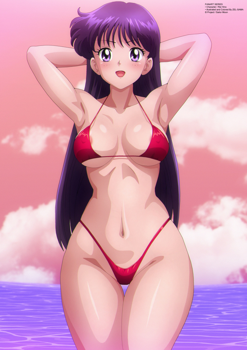 1girl absurd_res seductor nombre_del_artista piernas_desnudas playa pechos_grandes bikini bishoujo_senshi_sailor_moon pelo_negro escote pezones de alta resolución océano pin_up pelo_morado rei_hino atardecer traje de baño toei_animation under_boob zel-sama