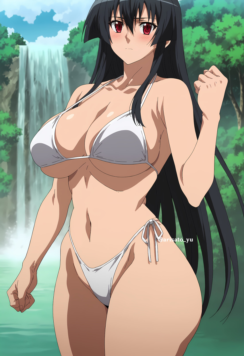 1 chica estilo_art_preciso akame_(akame_ga_kill!) akame_ga_kill! seductor arisato_yu piernas_desnudas pechos grandes bikini cabello_negro escote selva lago pin_up ojos rojos debajo del pecho cascada bikini_blanco