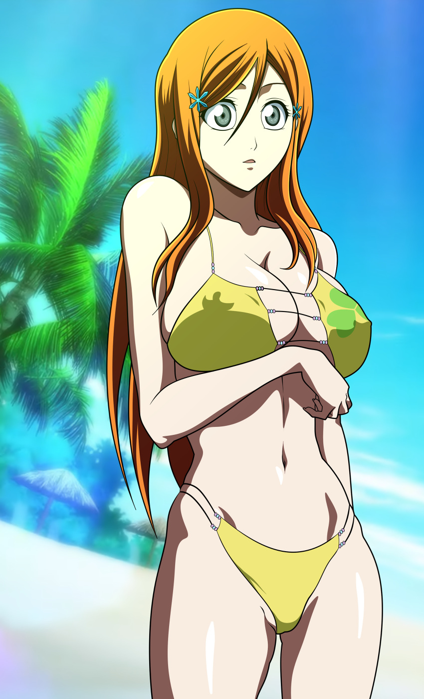 1girl seductor estilo anime pelo_castaño playa fondo_playa pechos_grandes bikini parte inferior del bikini parte superior del bikini blanqueador pechos escote color doujin doujin_cover ojos_grises inoue_orihime lencería pezones pezones_visibles_a través_de_la_ropa oldhorrorz pelo_naranja bragas