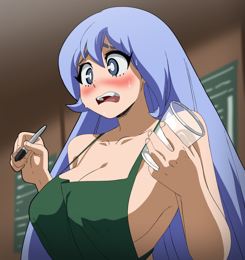 0 ke mujer_de_piel_clara piel_clara pelo_largo menu menú_tablero mi_hero_academia nejire_hado nervioso sudor_nervioso boca_abierta pluma sharpie sudor gota de sudor dientes lengua parte superior del cuerpo