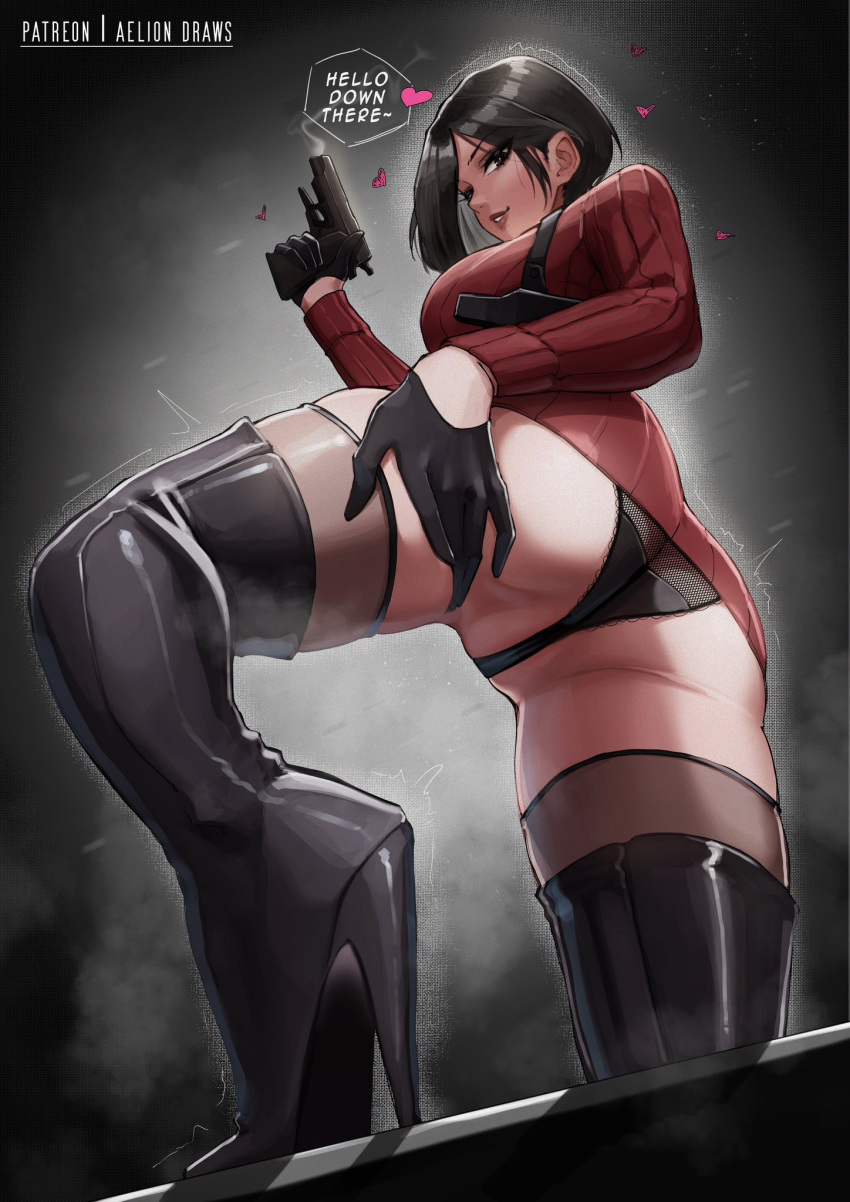 1girl ada_wong aelion_draws asiático asian_female culo culo grande pechos grandes muslos grandes riesgo biológico peligro biológico 4 pelo negro pechos diálogo enfoque femenino solo mujeres guantes pistola botas de tacón alto tacones altos culo enorme pechos enormes muslos enormes mirando al espectador bragas pistola suéter rojo residente_evil residente_evil_4 residente_evil_4_(remake) _evil_4_remake pelo_corto tacones_stiletto suéter texto caderas_gruesas muslos_gruesos muslos twitter tacones_muy_altos visto_desde_abajo