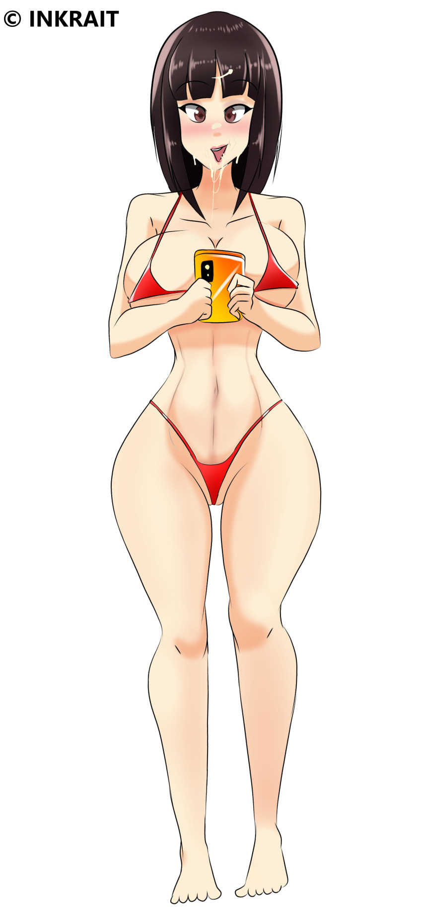 1girl audrey_(booty_calls) bikini rubor booty_calls senos comisión de teléfono celular Commissioner_upload cum cum_on_face holding_object holding_phone pechos_enormes inkrait_(artista) ombligo nutaku cintura_pequeña muslos_gruesos marca de agua fondo_blanco caderas_anchas