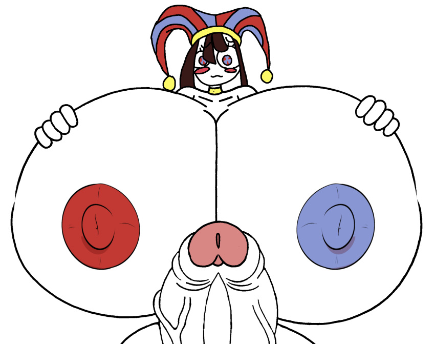 1futa areolae bearfan7634 pechos grandes futanari polla enorme hiperpechos mirando al espectador pezones pene pomni sonriendo al espectador solo solo_futa the_amazing_digital_circus