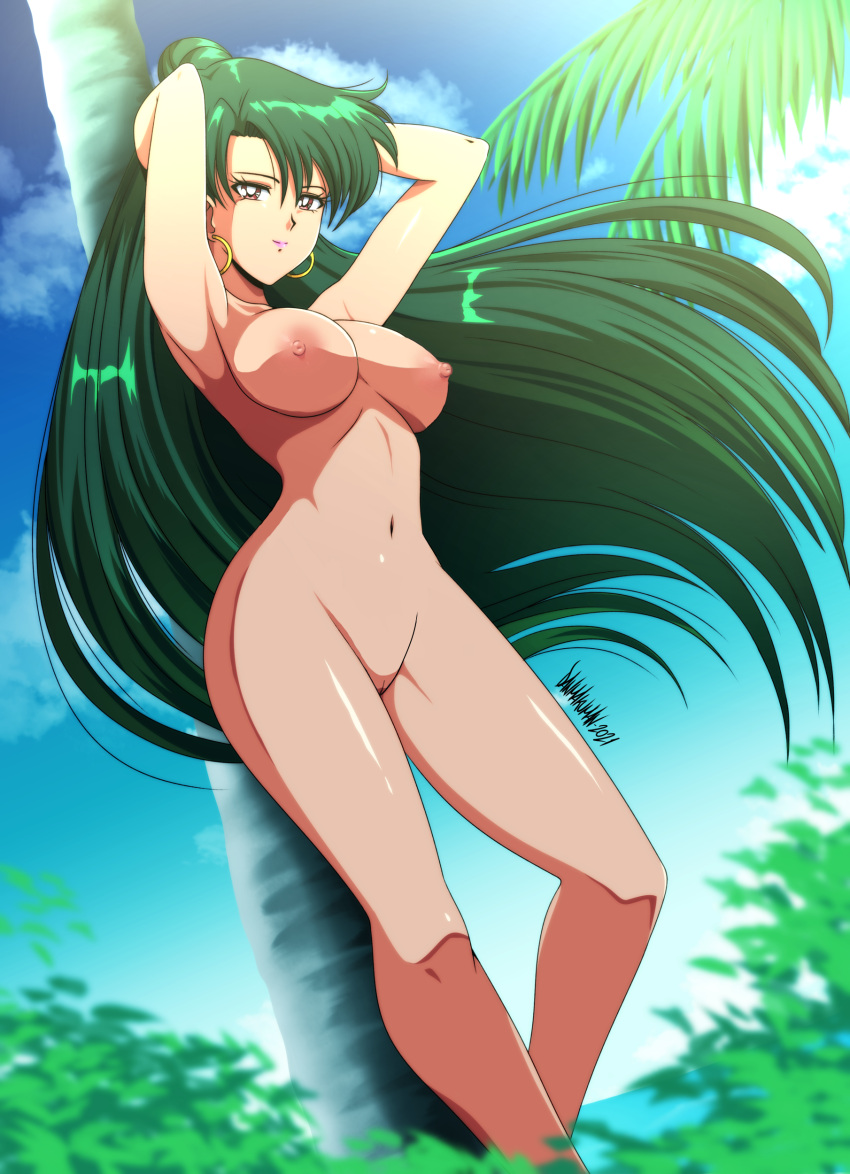 1 chica seductora playa pechos grandes bishoujo_senshi_sailor_moon completamente_nude_female danmakuman aretes editar solo femenino cabello_verde pezones desnudo desnudez coño marinero_pluto setsuna_meiou