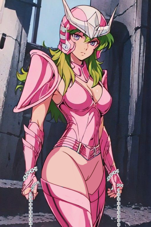 andromeda_shun armadura ojos_azules cadenas sin fondo intercambio de género intercambio de género cabello_verde cabello_largo mirando_al_visor nekom14 no_panties no_pants armadura_rosa coño saint_seiya