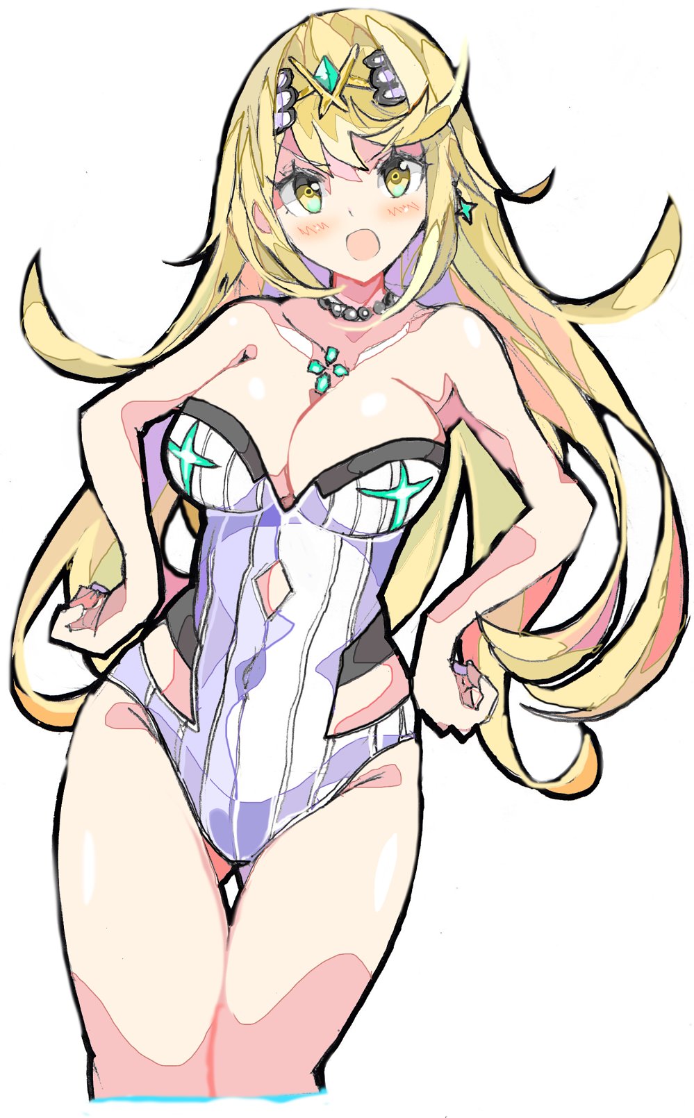 1chica 1chica 1chica piernas_desnudas pechos grandes cabello_rubio escote empe0317 enpe solo_femenina mythra nintendo one-piece_bikini tagme xenoblade_(serie) xenoblade_chronicles_2