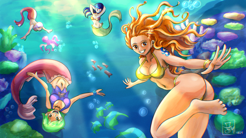4girls culo big_ass big_breasts bikini pulsera pechos burbujas camie_(one_piece) personaje_request escote pies hembra solo femenino apnea humano humanoide joyas mirando_al_visor tritón sirena cola_sirena metalytar multiple_girls nami_(one_piece) ombligo collar océano one_piece mar pechos pequeños nadando traje de baño cola tatuaje tanga tanga_bikini bajo el agua agua bikini_amarillo traje de baño_amarillo tanga_amarillo