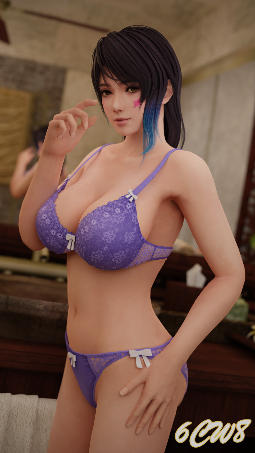 1girl 6cw8 seductor ojos_ámbar pechos_grandes cabello_negro_y_azul sujetador escote dead_or_alive dead_or_alive_xtreme_venus_vacation lencería bragas pin_up shandy_(doa) tecmo ropa interior