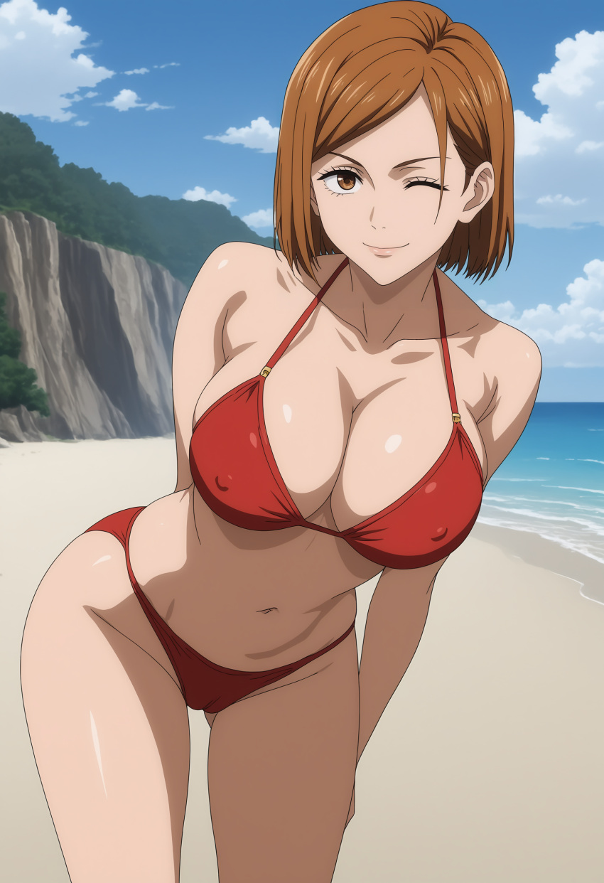 1girl estilo_arte_preciso seductor androidparanoico piernas_desnudas playa pechos_grandes bikini cielo_azul ojos_marrones cabello_marrón escote jujutsu_kaisen kugisaki_nobara nobara_kugisaki océano cabello_naranja pin_up posando solo guiño