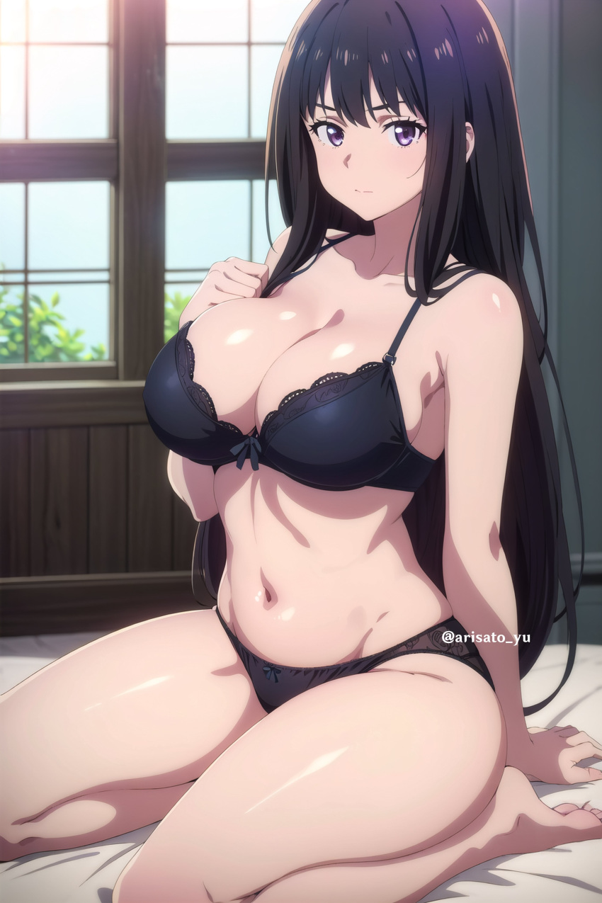 1girl estilo_arte_preciso seductor arisato_yu piernas_desnudas pechos_grandes pelo_negro sujetador escote inoue_takina lencería lycoris_recoil bragas pin_up ojos_morados ropa interior