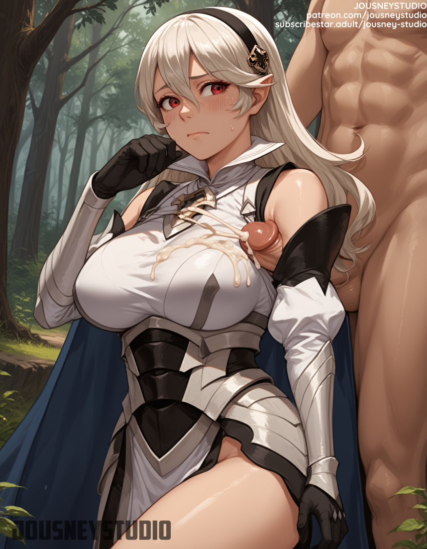 0 emblema fire_emblem_heroes fire_emblem_if bosque guanteletes guantes hair_between_eyes diadema sombreros hetero jousneystudio juliet_sleeves kamui_(fire_emlem) pelo_largo mangas_largas mirando_al_espectador hombre naturaleza desnudo afuera patreon_username pene orejas puntiagudas mangas_infladas ojos_rojos semen semen_on_body solo_focus sudor texto muslos árbol sin censura debajo del busto cabello_blanco