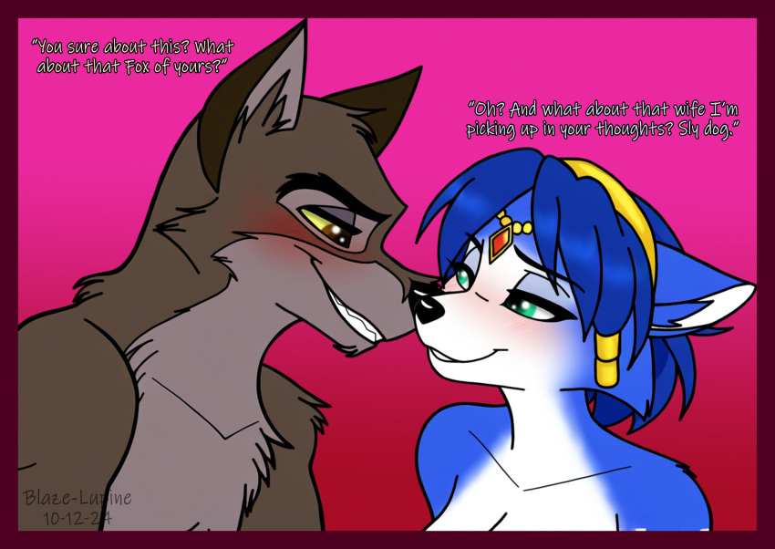 1boy 1girl anthro balto_(personaje) balto_(película) ojos_de_dormitorio blaze-lupine_(artista) cuerpo_azul pelaje_azul cabello_azul rubor borde pechos cánido canino canis cruce diálogo medios_digitales_(obra de arte) perro_doméstico dúo texto en inglés mujer coqueteo mirada_coqueteo pelo de piel de zorro híbrido de alta resolución desnudez_implícita infidelidad krystal mirando_a_otro hombre masculino /hembra mamífero infidelidad_mutua ojos_estrechados nintendo perro_trineo_nordico fondo_rosa borde_rojo seductor fondo_simple sonrisa perro de Pomerania de pie estrella_zorro texto estudios_universales lobo perro lobo