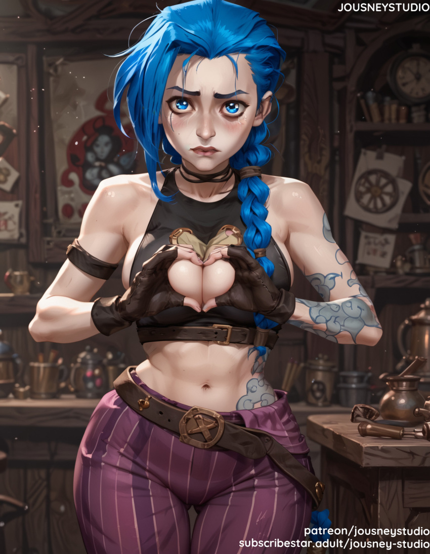 1girl 1girl 1girl ai_generated arcano arcano:_league_of_legends arcane_jinx brazo_tatuaje flequillo hombros_desnudos cinturón pechos_grandes gargantilla_negra guantes_negros ojos_azules pelo_azul rubor trenza pechos gargantilla escote de clavícula boca cerrada ropa crop_top aretes solo femenino guantes sin dedos pecas guantes corazón corazón_manos sosteniendo adentro joyas gafe_(liga_ of_legends) jousneystudio league_of_legends labios cabello_largo mirando_al_espectador maquillaje pechos_medio abdomen ombligo pantalones labios separados cola de caballo camisa hombro_tatuaje sonrisa de pie estómago tatuaje a rayas muslo_espacio muslos pelo atado trenzas gemelas