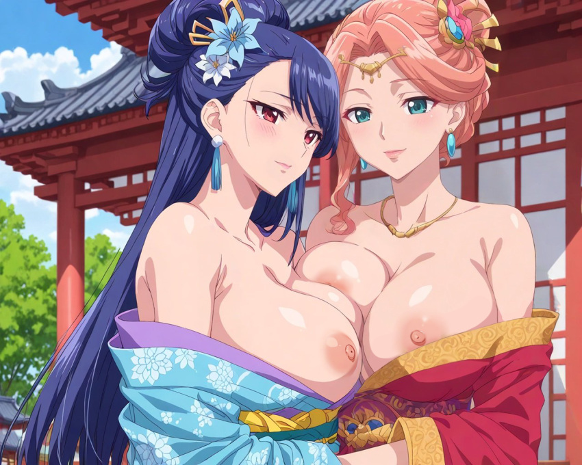 2_chicas pechos_grandes pelo_azul prensa_pechos ojos_verdes gyokuyou_(kusuriya_no_hitorigoto) adorno_de_cabello kimono kusuriya_no_hitorigoto lihua_(kusuriya_no_hitorigoto) pelo_largo mirando_al_visor milf nekom14 pezón_deslizamiento pezones cabello_rosa ojos_rojos