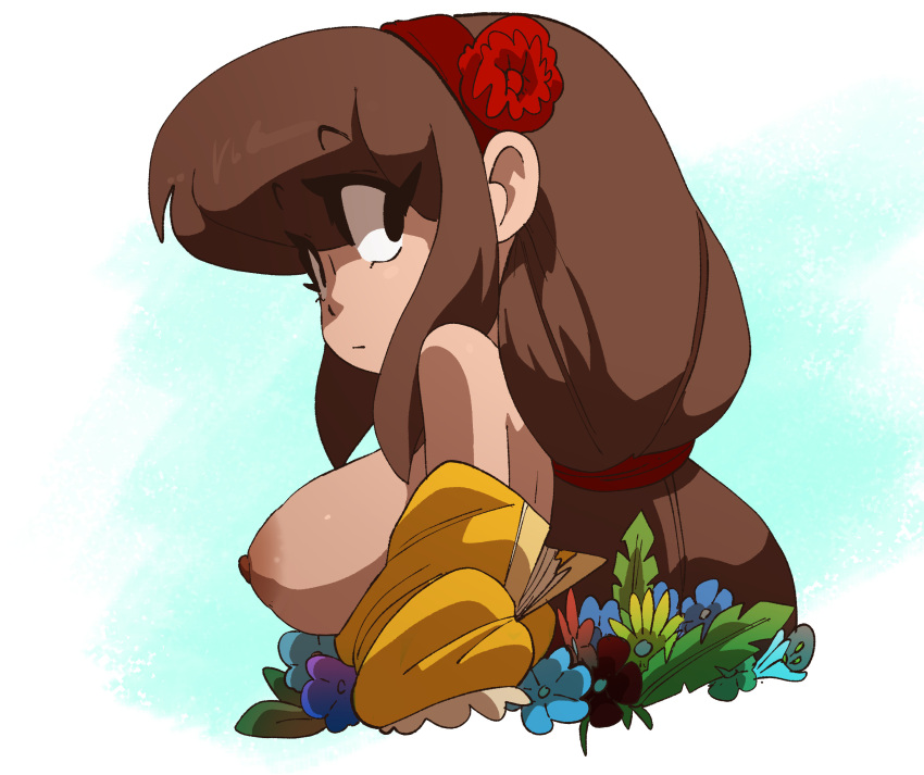 big_breasts brown_hair coolinker flower_in_hair flores diadema inker_comics inkershike pelo_largo mona_(inker_comics) pezones vista_lateral side_boob vestido_amarillo