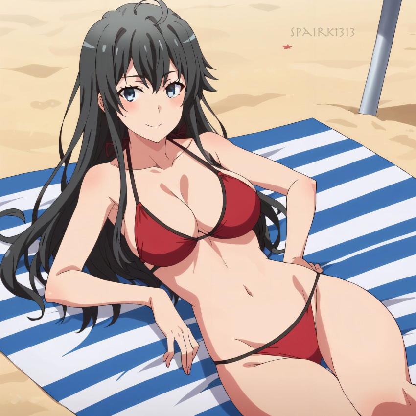 1 chica seductora piernas desnudas pechos grandes bikini ojos_azules escote océano en la toalla de playa pin_up arena silf spairk1313 yahari_ore_no_seishun_lovecome_wa_machigatteiru. yukinoshita_yukino