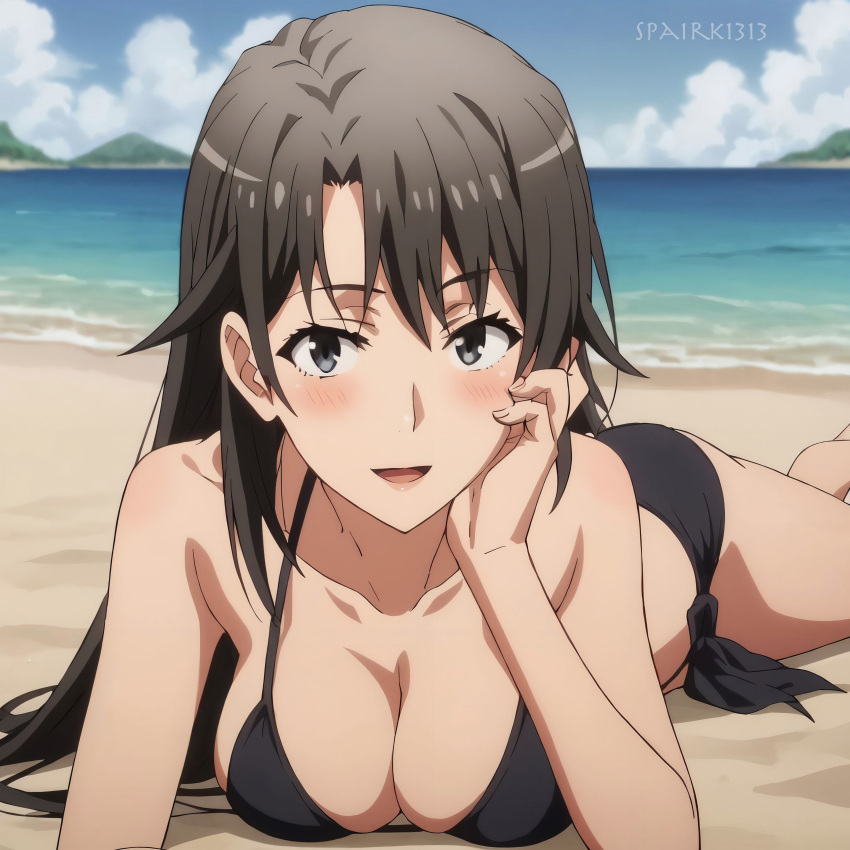 1 chica seductora piernas desnudas playa pechos grandes bikini cabello_negro ojos_azules cielo_azul ojos_grises océano pin_up shizuka_hiratsuka spairk1313 profesora yahari_ore_no_seishun_lovecome_wa_machigatteiru.