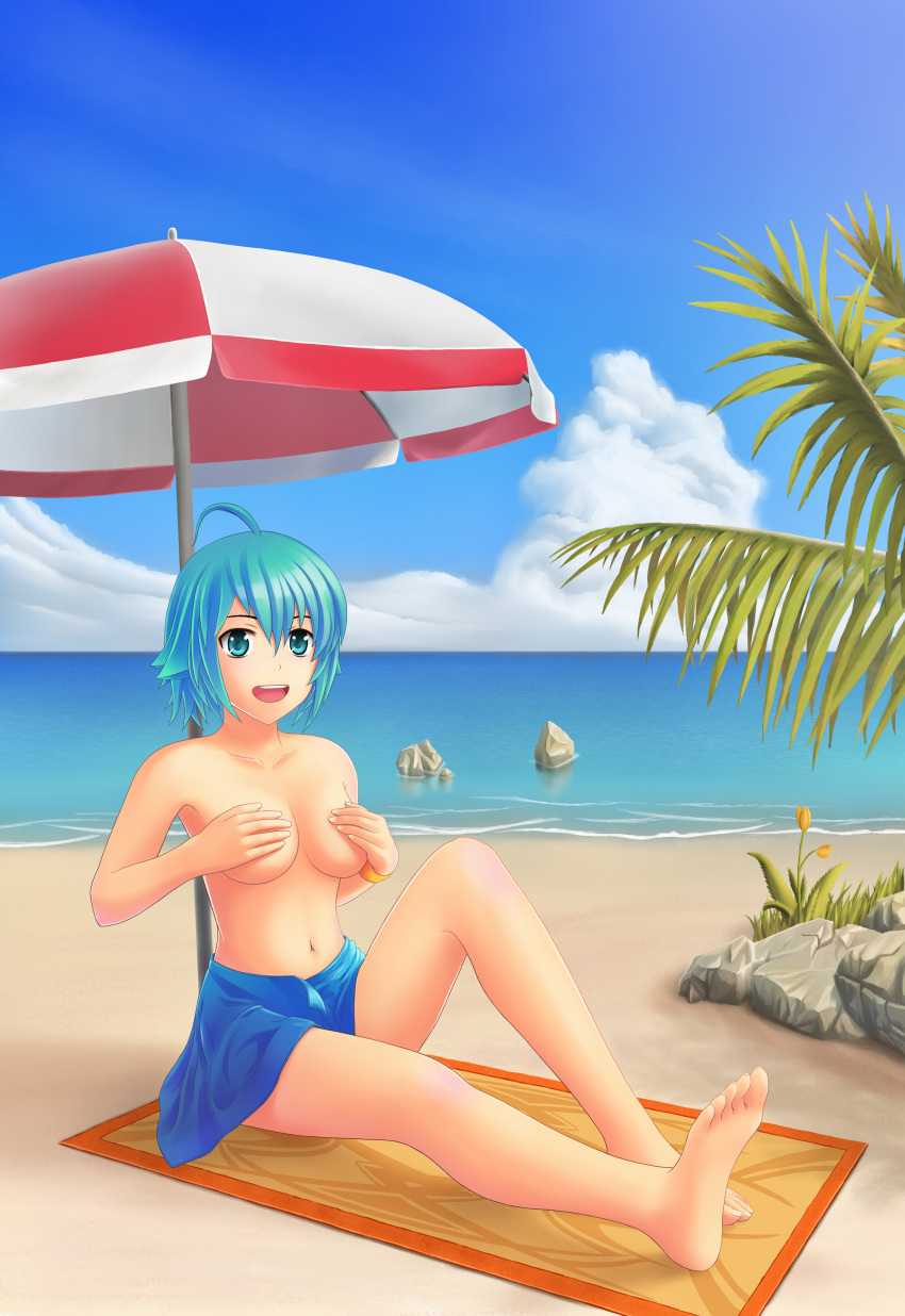 1girl ahoge beach ojos_azules cabello_azul pechos mujer solo_mujer agarrando agarrando_su_pecho feliz hentai alta_resolución sin_sujetador boca_abierta original personaje_original pelo_corto pantalones cortos sonrisa cara_emoticón solo