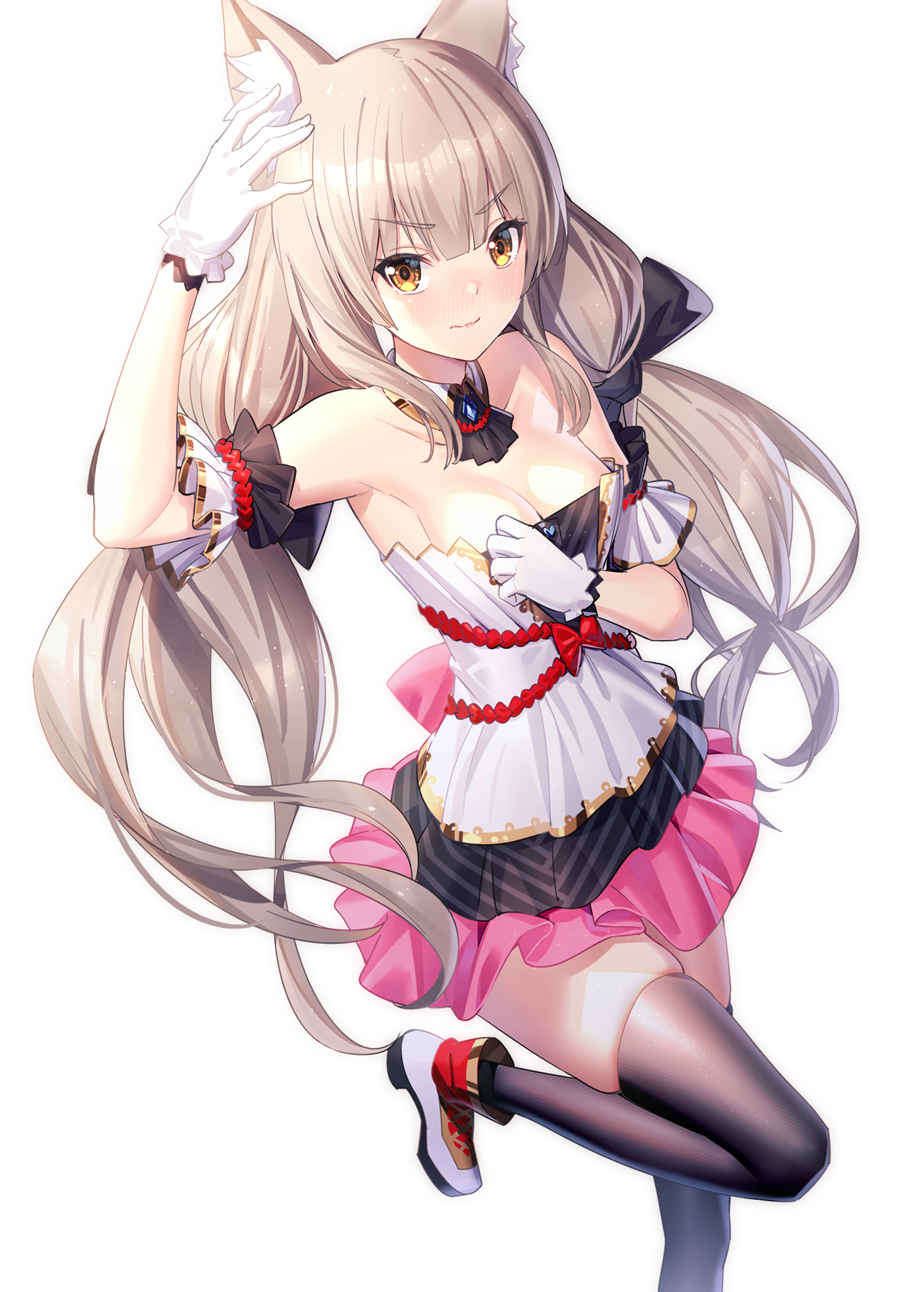 1girl seductor brazalete orejas_gato chica_gato core_crystal cuello_desmontado vestido guantes cabello_gris mirando_al_visor pechos_medio nia nia_(blade) nintendo ririko_(zhuoyandesailaer) zapatos pechos_pequeños medias colas gemelas vestido_blanco xenoblade_(serie) xenoblade_chronicles_2 ojos_amarillos