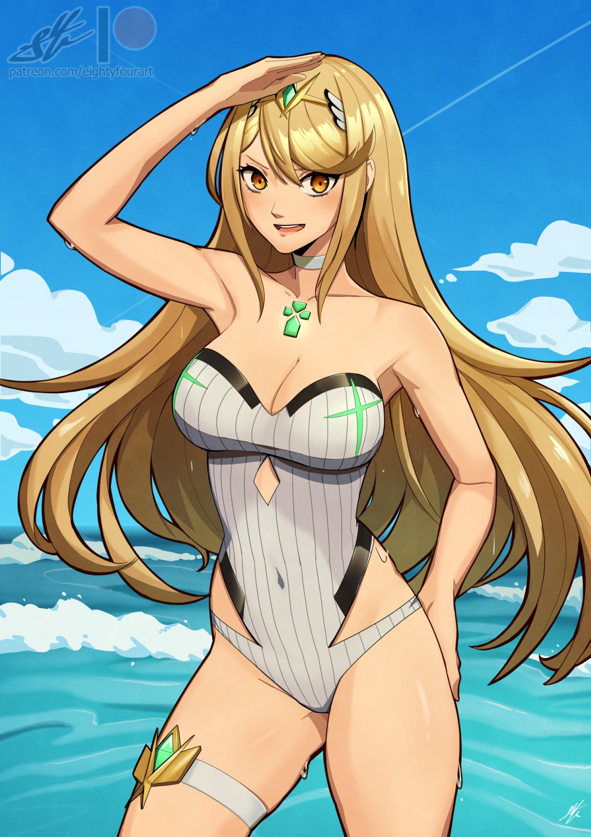 1 chica 1 chica 1 chica bikini seductor cabello rubio core_crystal eightyfourart solo para mujeres mythra nintendo bikini de una pieza boca abierta traje de baño tagme xenoblade_(serie) xenoblade_chronicles_2